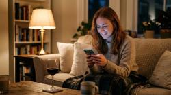 How to sext in the UK Woman in her late twenties smiling at her phone in a softly lit British apartment, illustrating a sexting conversation between casual partners